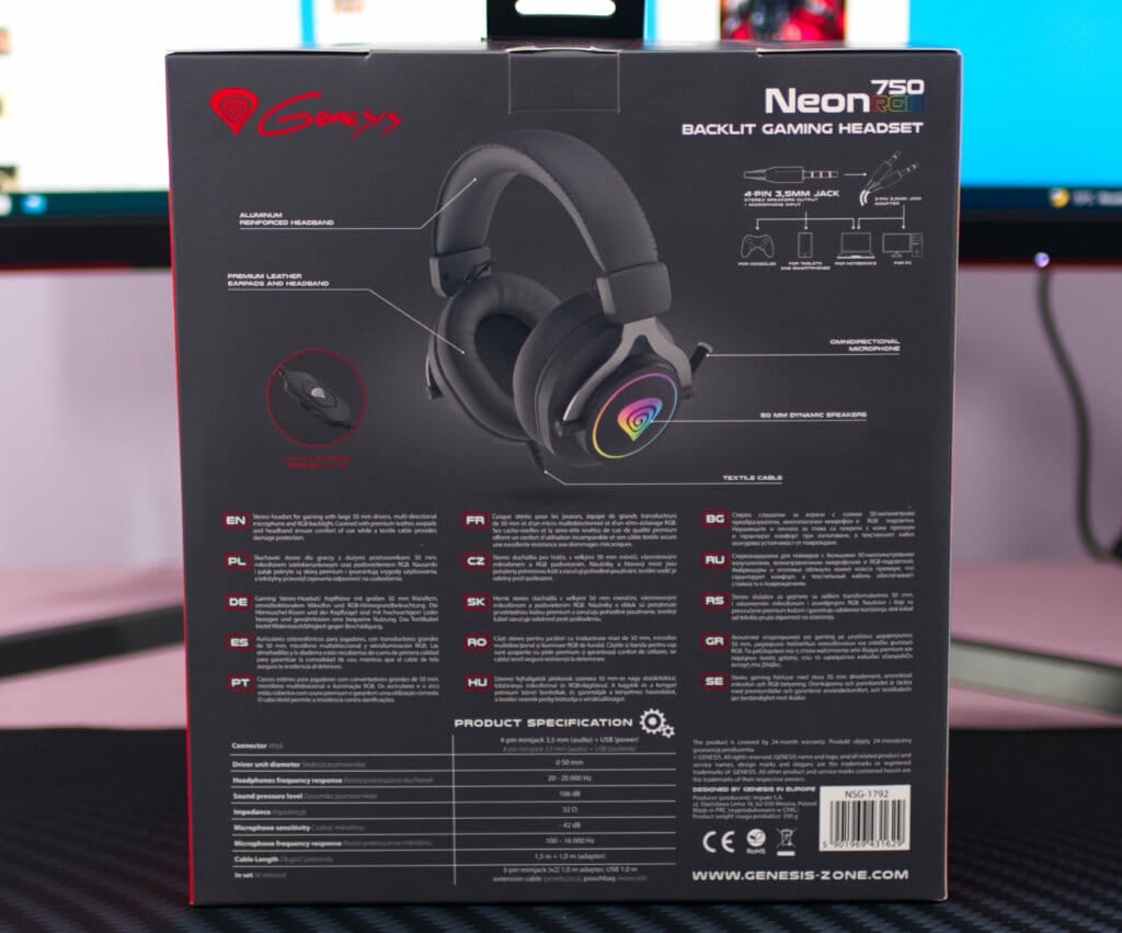 Genesis Neon 750 RGB Gaming Headset box back 